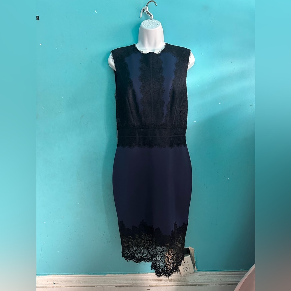 Navy blue with black lace dress. Great for business or wedding